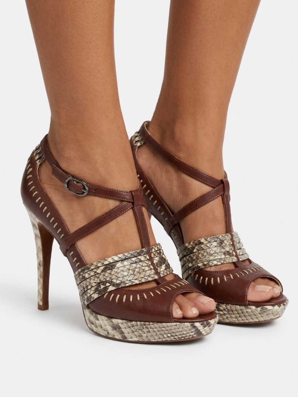Alexandre Birman Python Leather Platform Heels Brown T Strap Size 9.5